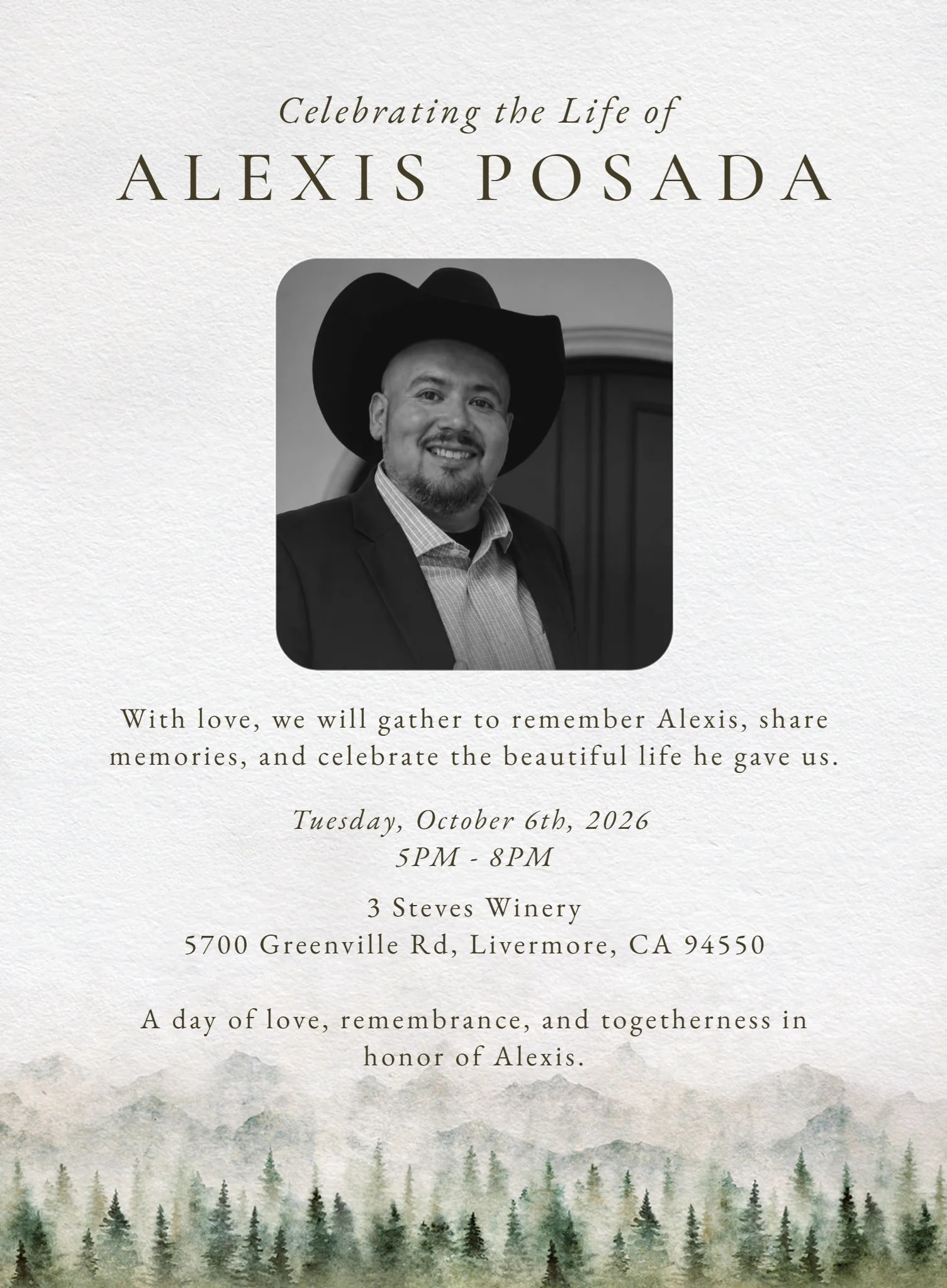 Celebrating the Life of Alexis Posada — October 6th, 2026 at Three Steves Winery